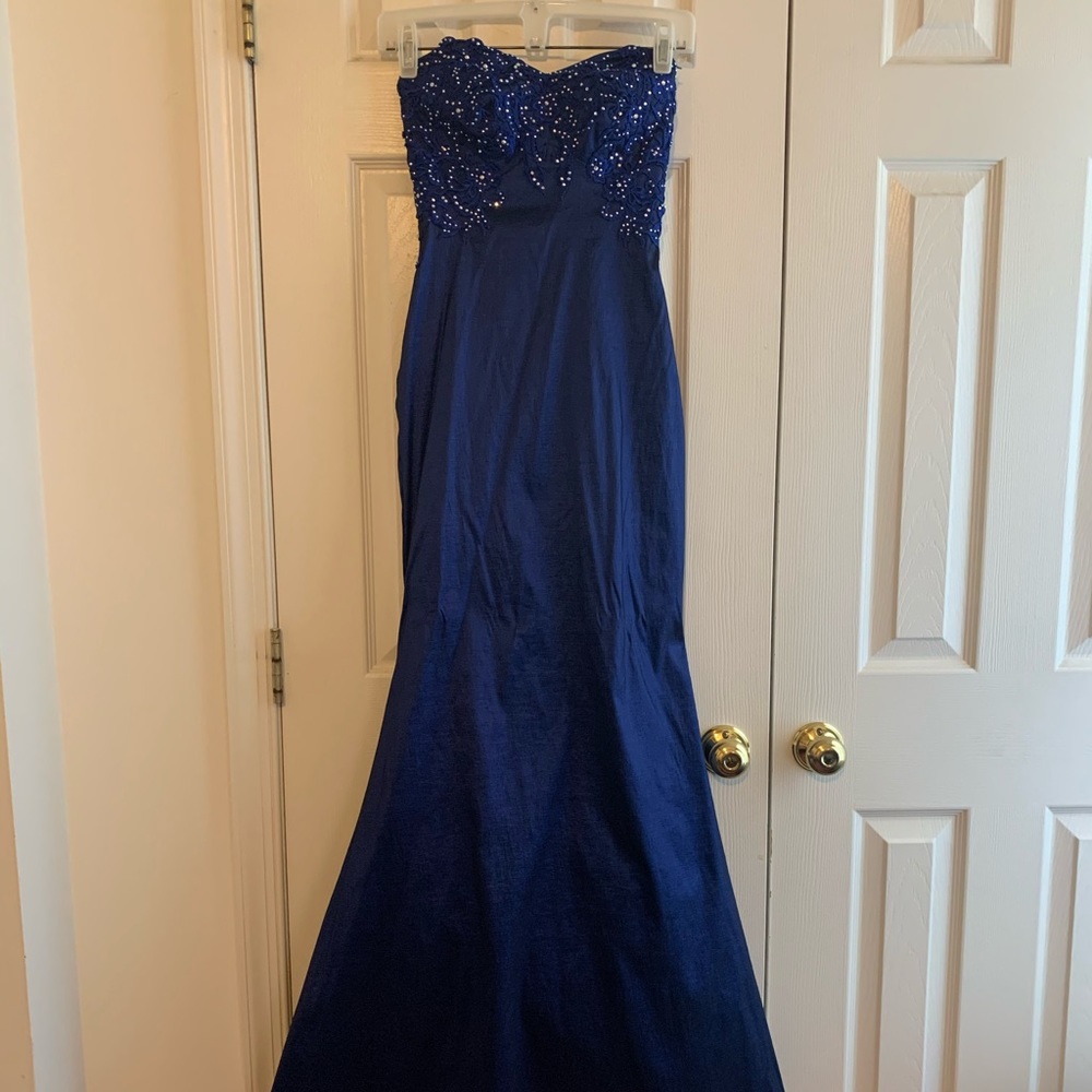 Long navy blue gown with beaded top